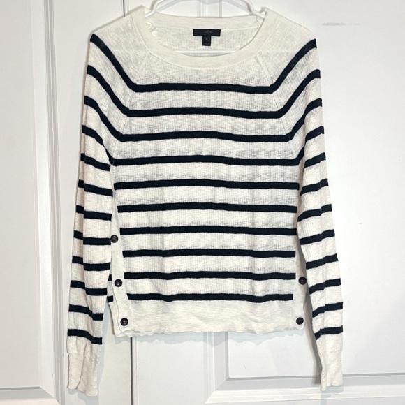 J. Crew Vivian White Navy Stripe Side Button Cotton Blend Sweater M - Picture 1 of 8